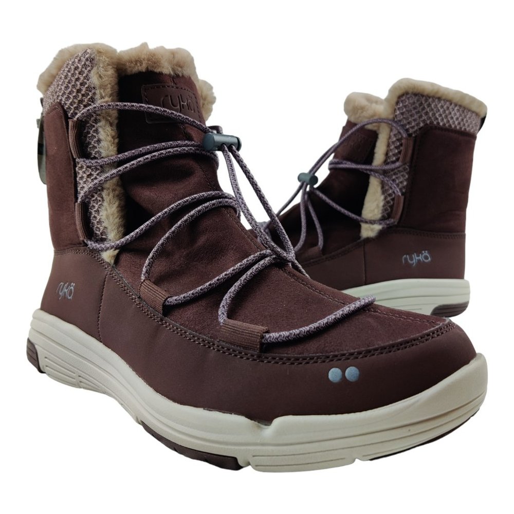 NWT Ryka Aubonne Brown Winter Boot Water Resistant Faux Fur Lining No-Tie Laces